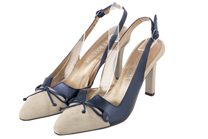 Champagne white and prussian blue women's open back shoes, with a knot. Tapered toe. High slim heel. Front view - Florence KOOIJMAN